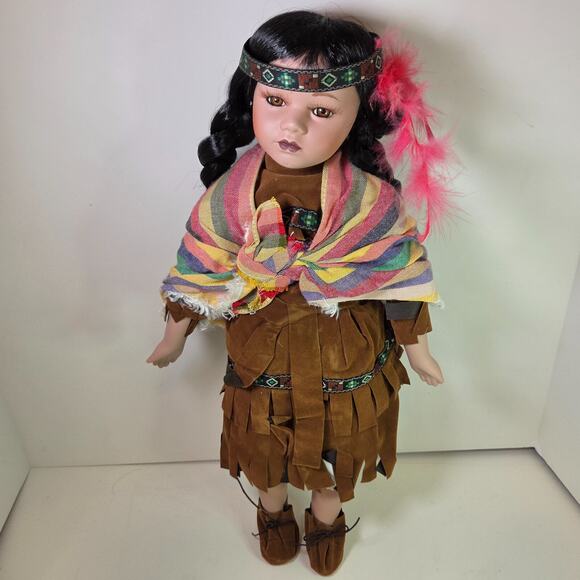 Vintage 16" Native American Style Doll Hard Plastic Taiwan w/ Moccasins & Shawl - Picture 1 of 13